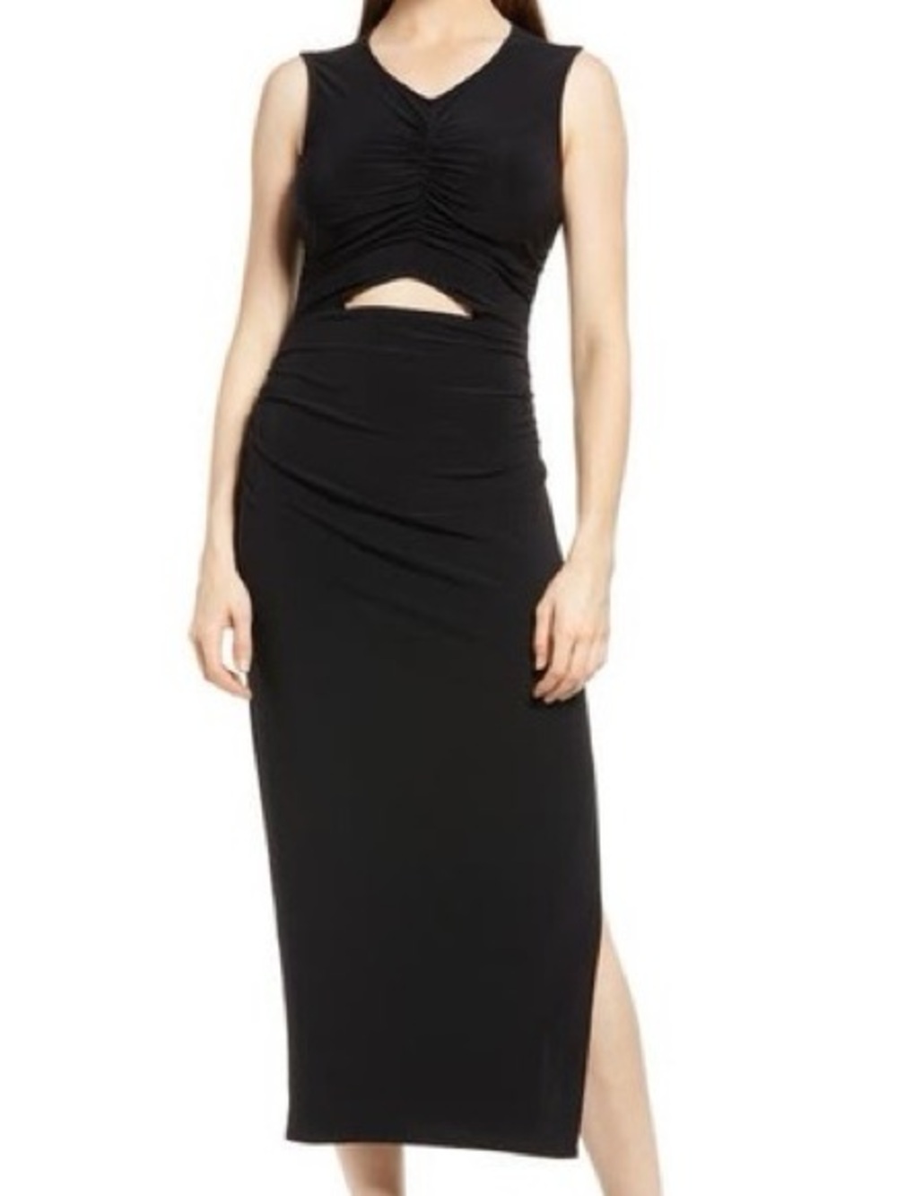 Sleeveless Black Midi Dress with Front Cutout